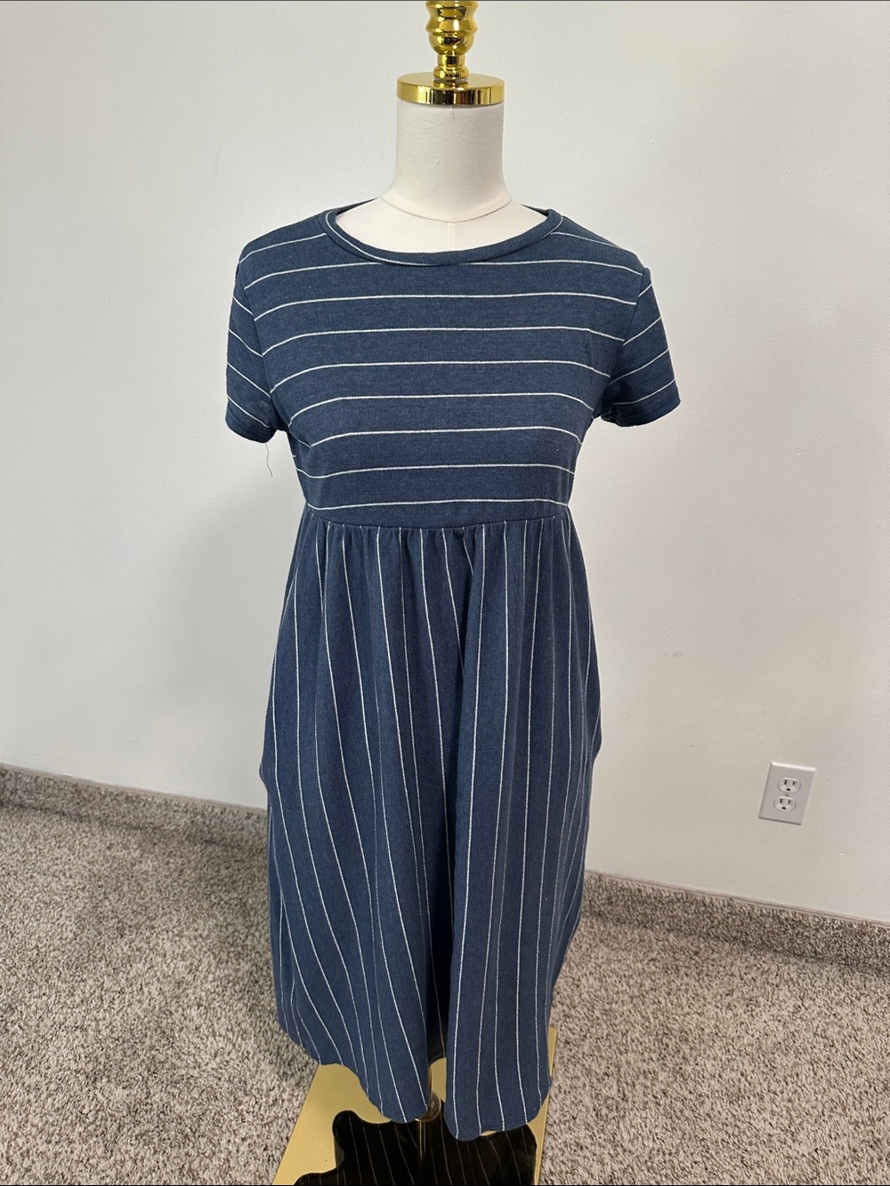 Blue Striped Short-Sleeve Midi Dress